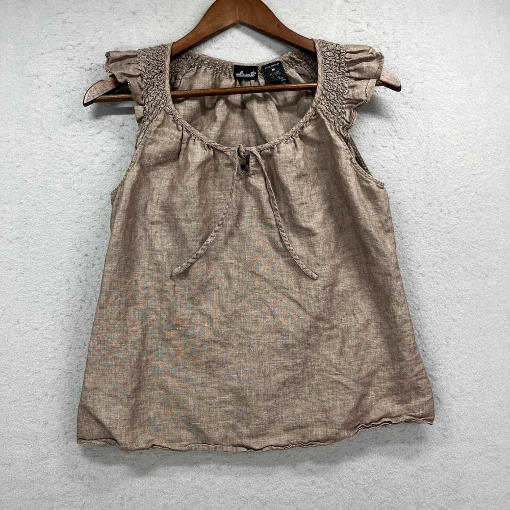 Willi Smith Blouse Womens Medium Brown Linen Blend Cap Sleeve Smocked Peasant